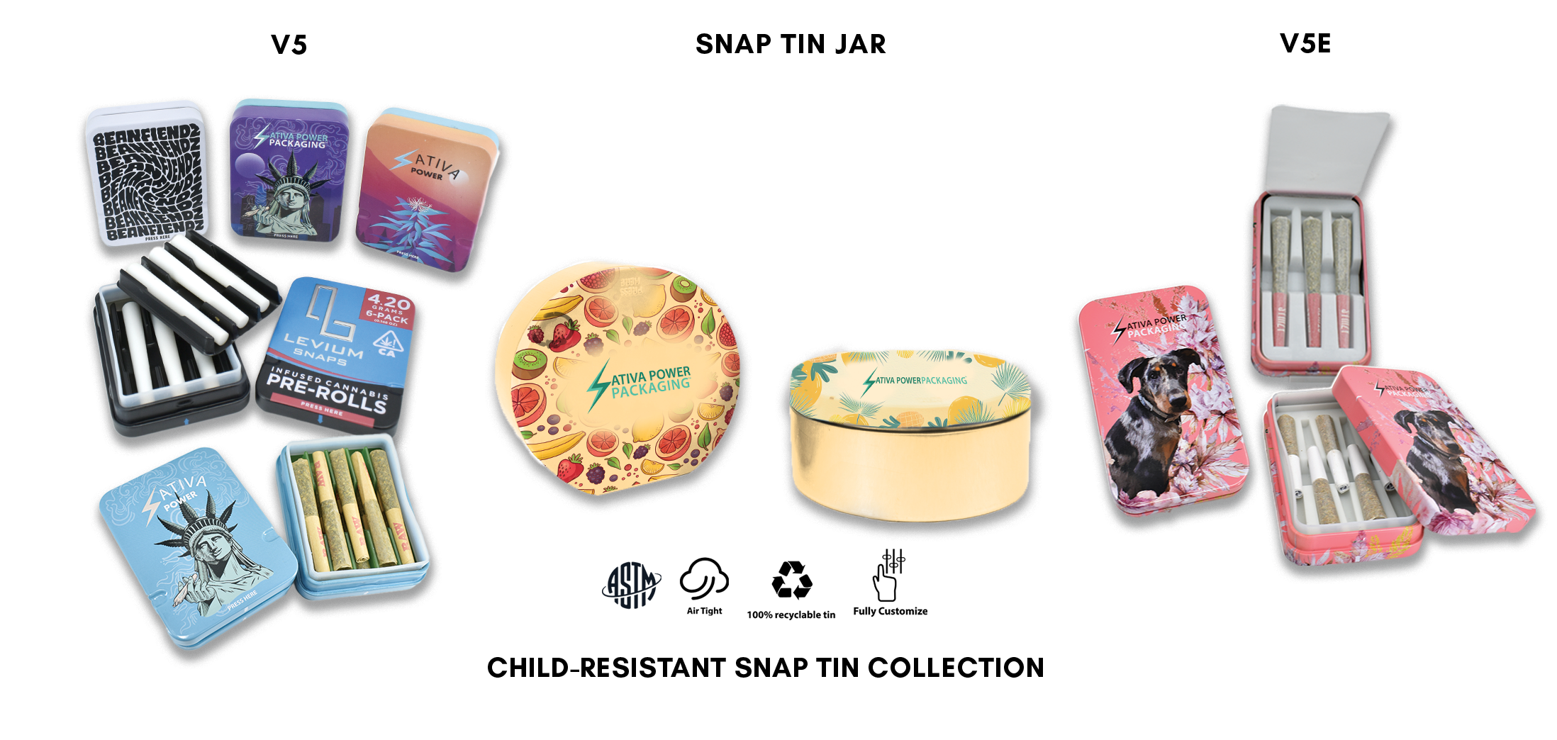 A collection of child-resistant snap tins featuring vibrant and creative designs, showcasing sustainable cannabis packaging solutions.