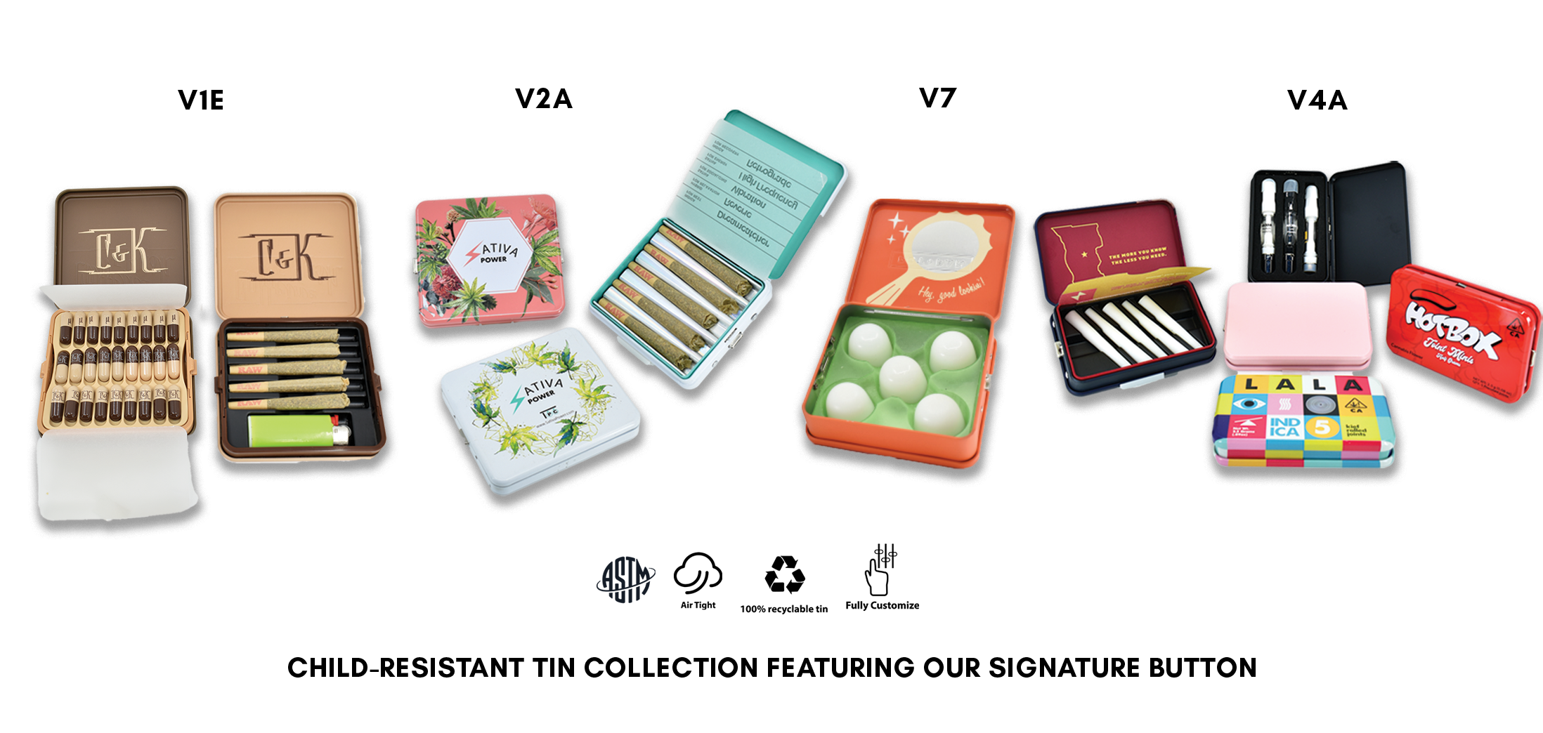 A variety of innovative sustainable cannabis packaging, featuring our signature child-resistant buttons.